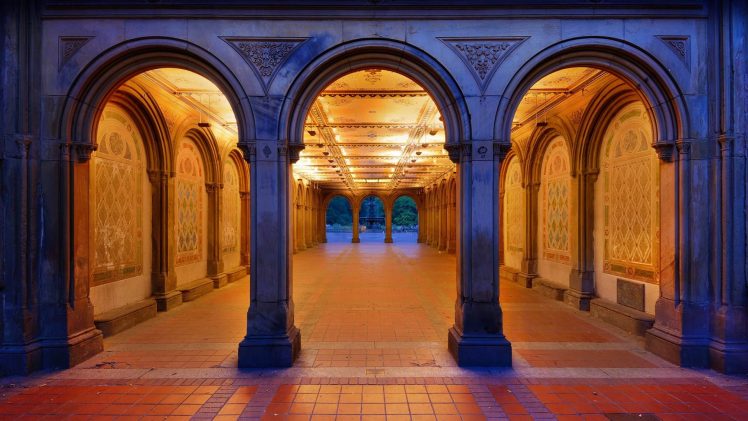 architecture, Symmetry, Lights, Tiles, Arch, Passage, Trees, New York City, Central Park, USA, Fountain, Water, Painting HD Wallpaper Desktop Background