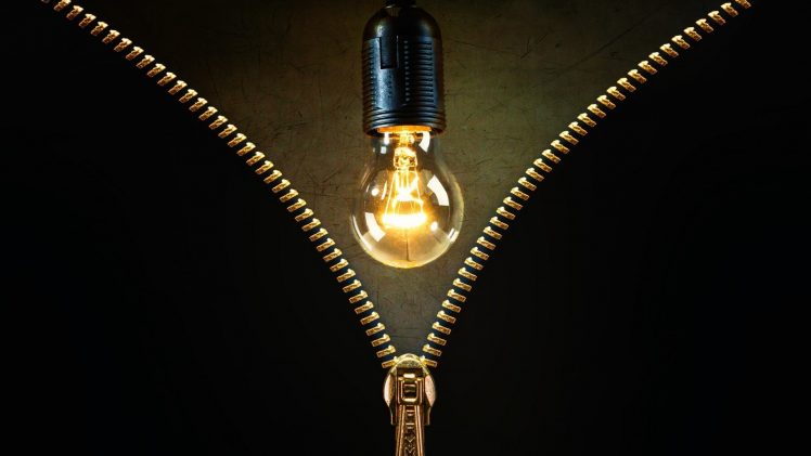 lightbulb, Zippers, Lights, Gold, Black background, Scratches HD Wallpaper Desktop Background