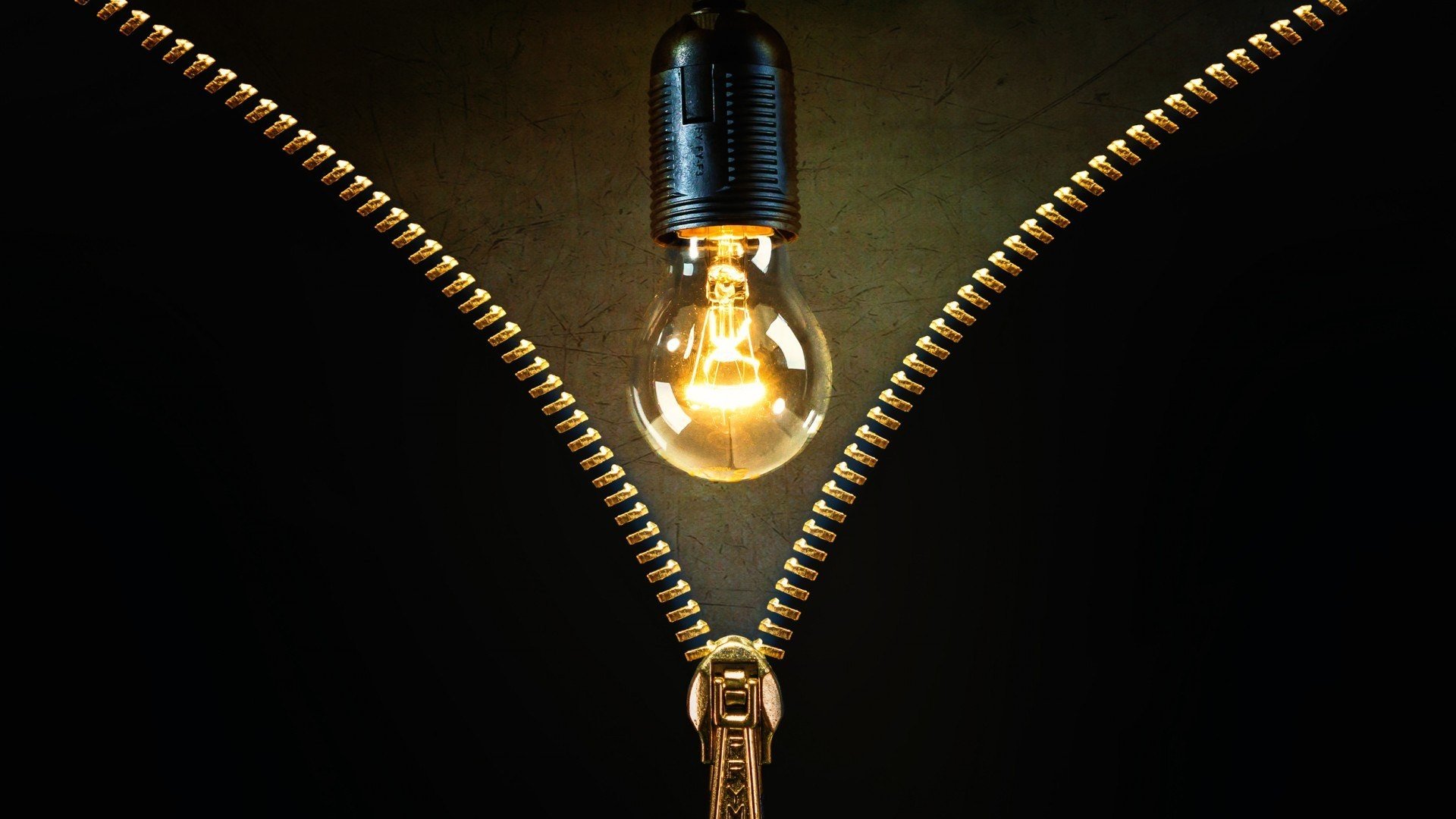 lightbulb, Zippers, Lights, Gold, Black background, Scratches Wallpaper