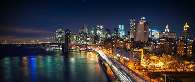 New York City, Long exposure, City lights, City, Brooklyn Bridge HD Wallpaper Desktop Background