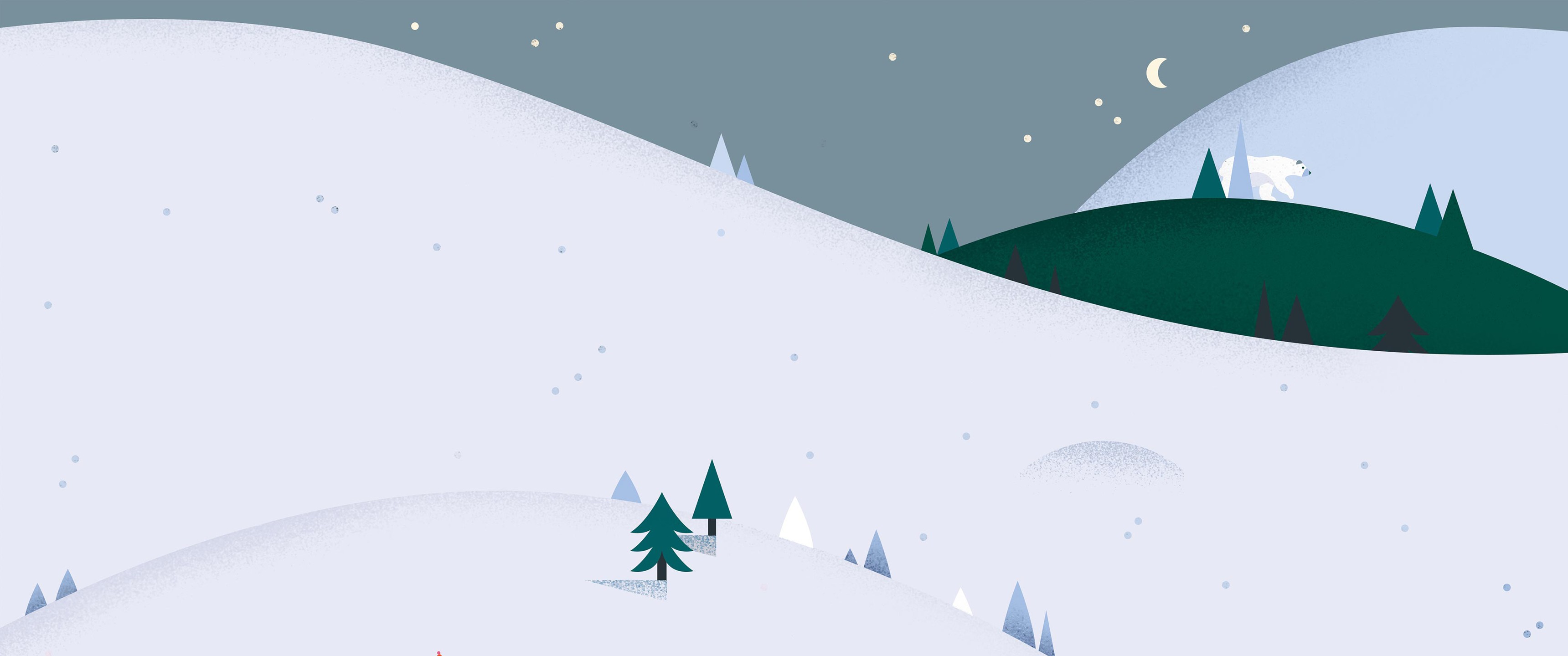 snow, Polar bears, Hills, Night, Minimalism, Pine trees Wallpaper