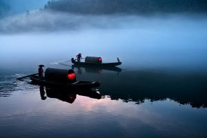 water, Boat, Lantern, Mist