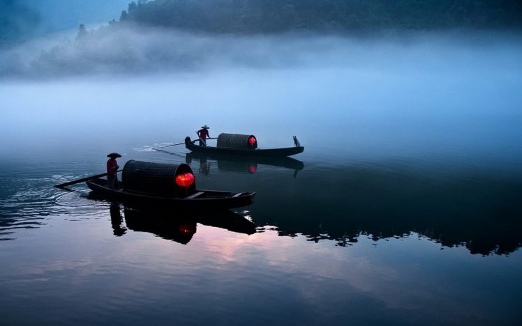 water, Boat, Lantern, Mist HD Wallpaper Desktop Background