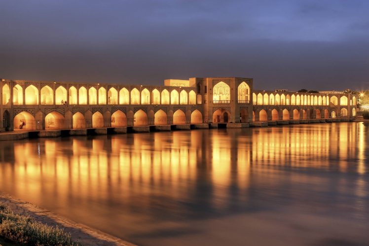 Khaju Bridge, Night, Iran, Lights, River, Photography, Architecture, Islamic architecture HD Wallpaper Desktop Background
