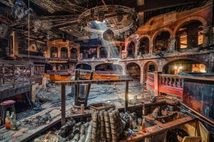 architecture, Abandoned, Interior, Room, Concert hall, Sun rays, Bar, Podiums, Stages, Wood, Dirt, Chair, Bottles, Arch, Disco, Disco balls, Lights, Spiderwebs