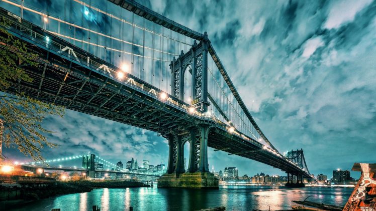 Manhattan, Manhattan Bridge, Bridge, Architecture, USA, New York City, Night, Water, Lights, City, Cityscape, Brooklyn Bridge HD Wallpaper Desktop Background