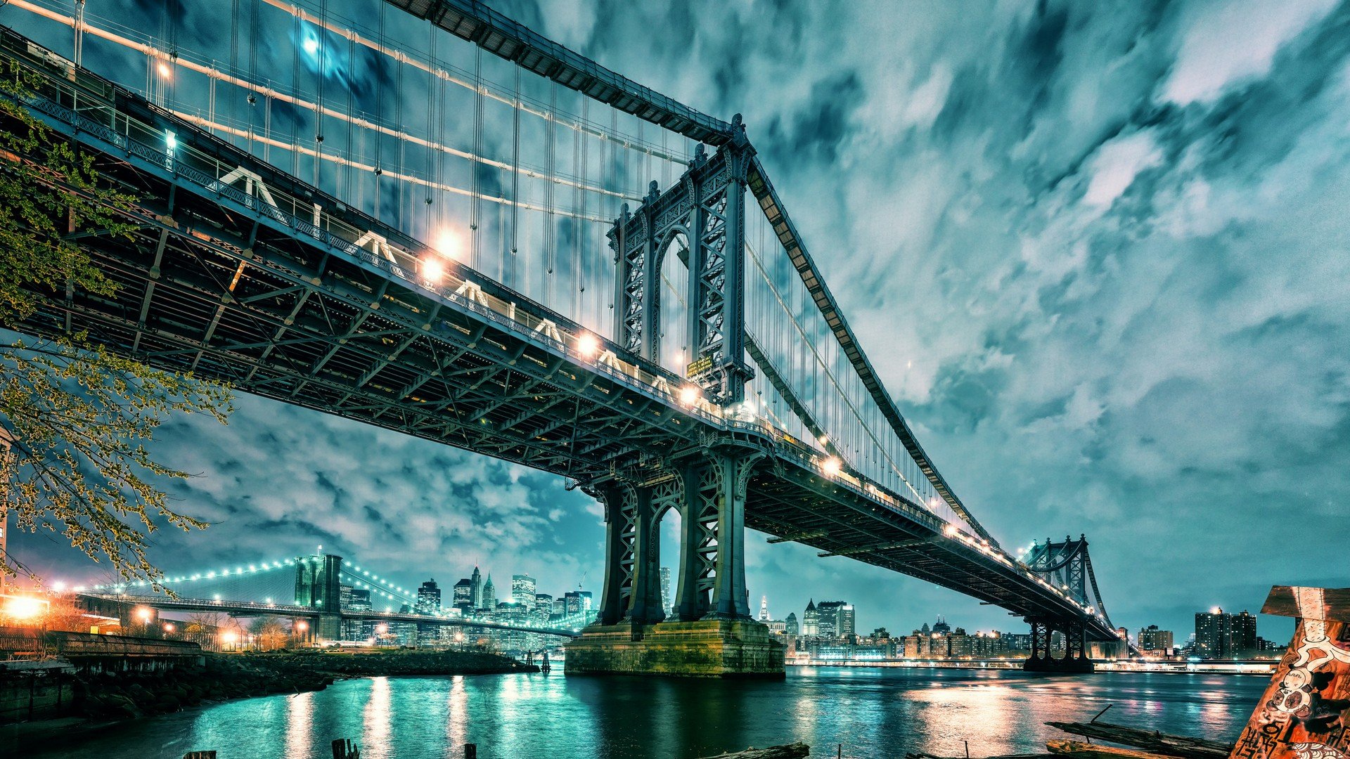 Manhattan, Manhattan Bridge, Bridge, Architecture, USA, New York City, Night, Water, Lights, City, Cityscape, Brooklyn Bridge Wallpaper