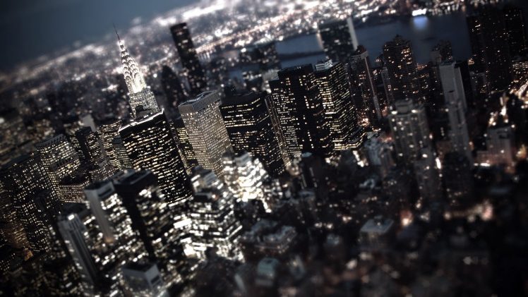 city, Cityscape, Night, Lights, City lights, Skyscraper, New York City, USA, Tilt shift HD Wallpaper Desktop Background