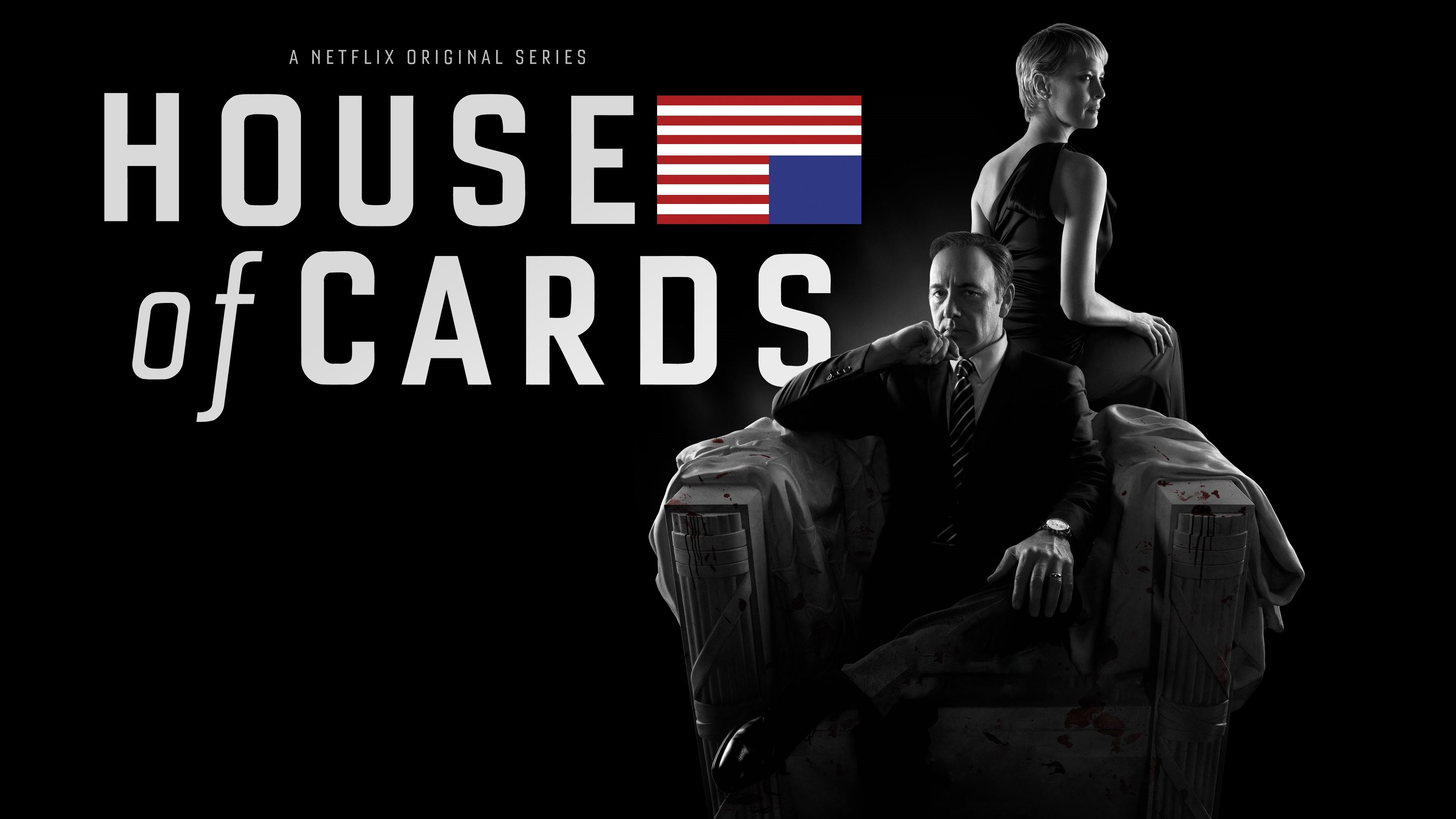 Frank Underwood, Kevin Spacey, Robin Wright, Claire Underwood, Sitting, Couple, House of Cards, American flag, Netflix, Black background, TV Wallpaper