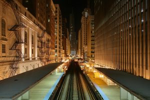 city, Cityscape, Urban, Metro, Building, Night, City lights, Train station, Railway, Chicago