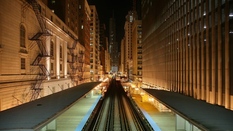 city, Cityscape, Urban, Metro, Building, Night, City lights, Train station, Railway, Chicago HD Wallpaper Desktop Background
