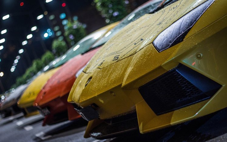 Lamborghini, Rain, Water drops, Yellow cars, Lights, Racing HD Wallpaper Desktop Background