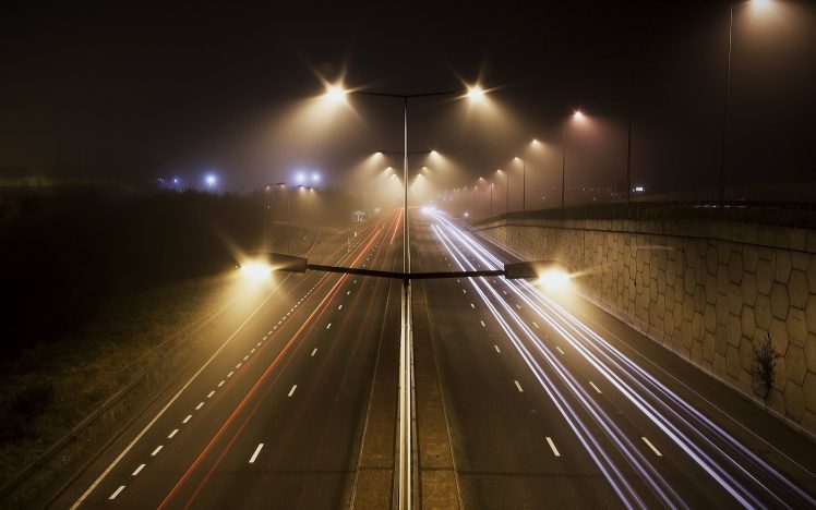 road, Lights, Street light, Long exposure, Trees, Mist HD Wallpaper Desktop Background