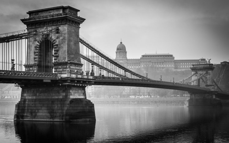 architecture, Budapest, Hungary, Old building, Capital, Cityscape, City, Monochrome, Bridge, Old bridge, Water, Reflection, River, Chain Bridge HD Wallpaper Desktop Background