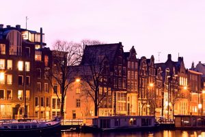 canal, Street, City, Lights, Evening, House, Trees, Boat, Tower, Holland, Netherlands, Panorama, Europe