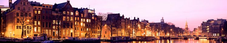 canal, Street, City, Lights, Evening, House, Trees, Boat, Tower, Holland, Netherlands, Panorama, Europe HD Wallpaper Desktop Background