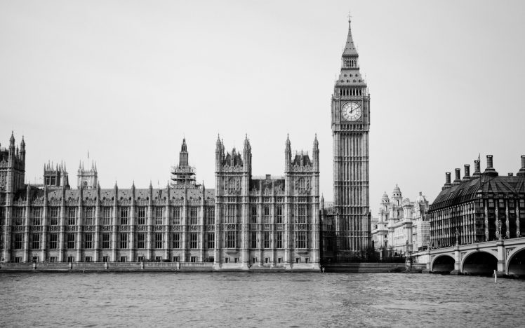 monochrome, London, Westminster, River Thames, River, Bridge, City HD Wallpaper Desktop Background