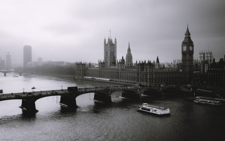Westminster, London, River Thames, Big Ben, Monochrome, River, City, Cityscape HD Wallpaper Desktop Background