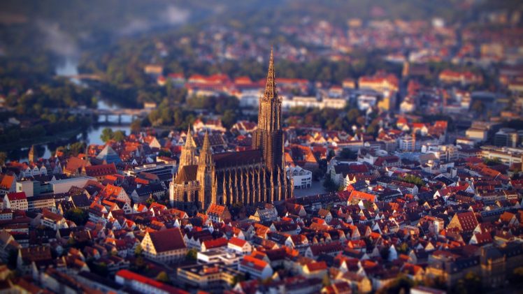 Ulm Minster, Germany, Gothic architecture, Architecture, Tilt shift, City, Cityscape, River, Church HD Wallpaper Desktop Background