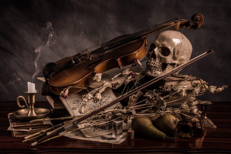 skull, Violin, Candles HD Wallpaper Desktop Background