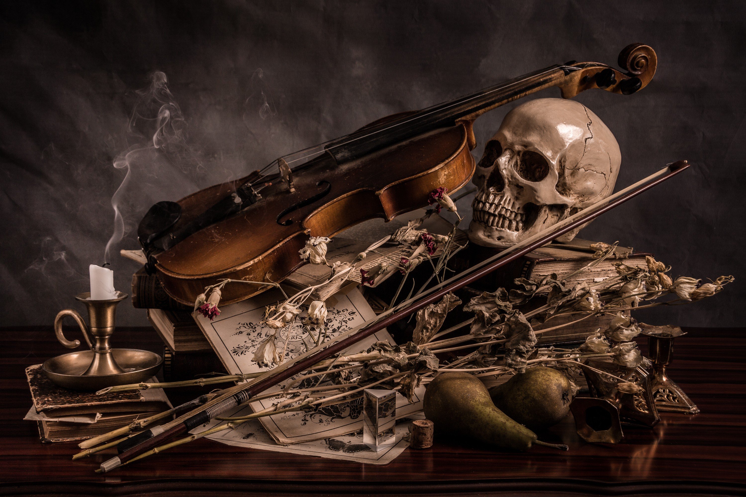 skull, Violin, Candles Wallpaper