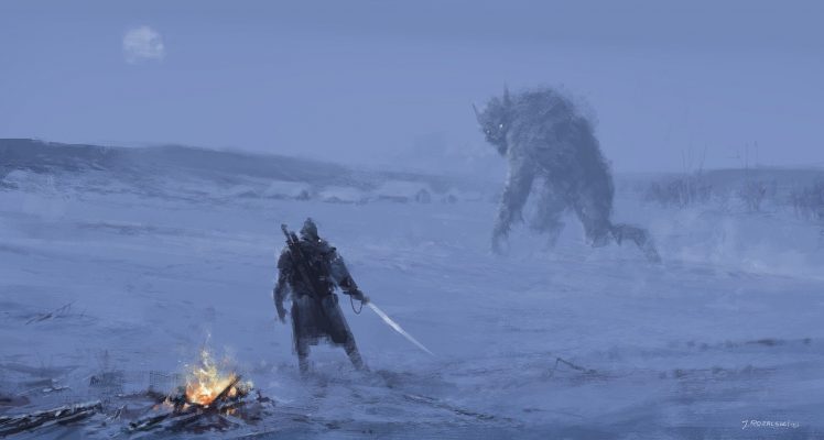 creature, Bonfires, Sword, Snow, Village HD Wallpaper Desktop Background
