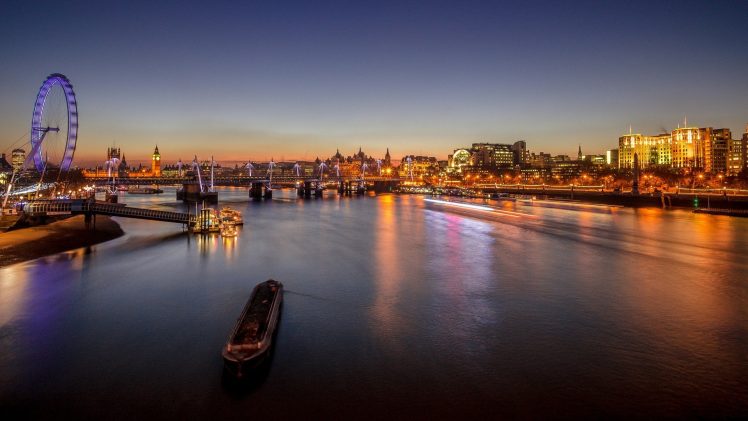 England, London, City, Cityscape, River, River Thames, Ferris wheel, London Eye, Bridge, Lights, City lights, Big Ben HD Wallpaper Desktop Background