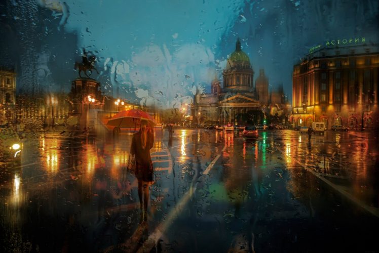 St. Petersburg, Rain, Isaacs Cathedral, Road, Monument, Umbrella HD Wallpaper Desktop Background
