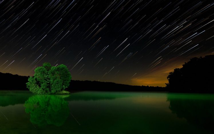 long exposure, Stars, Lake, Night HD Wallpaper Desktop Background