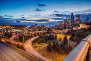 Seattle, USA, City, Night, Road, Intersections, Lights, City lights, Long exposure