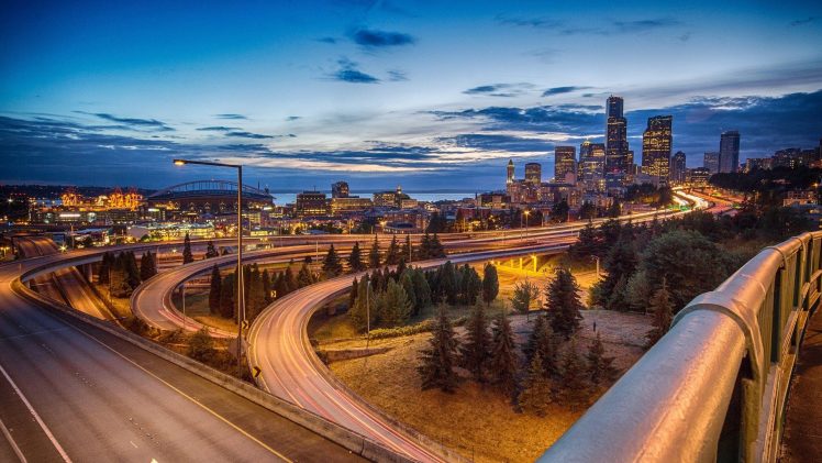 Seattle, USA, City, Night, Road, Intersections, Lights, City lights, Long exposure HD Wallpaper Desktop Background