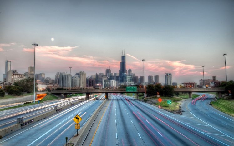 Chicago, USA, City, Skyscraper, Road, Long exposure HD Wallpaper Desktop Background