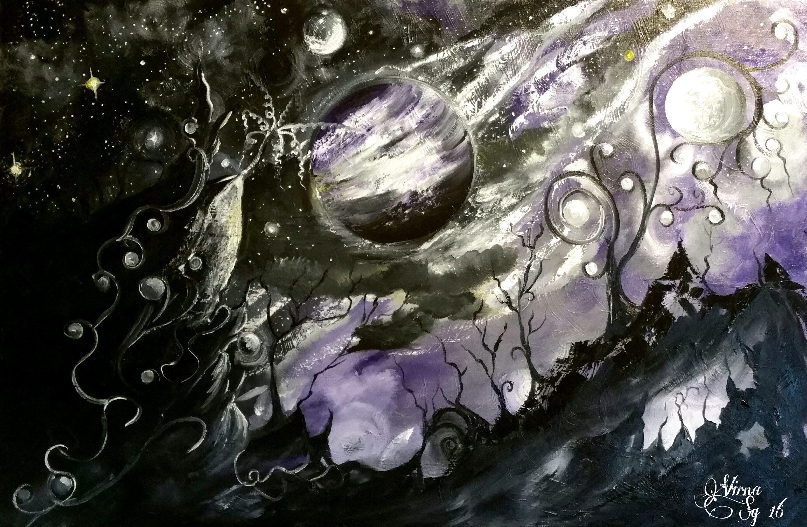 Moon, Night, Trees, Painting Wallpaper