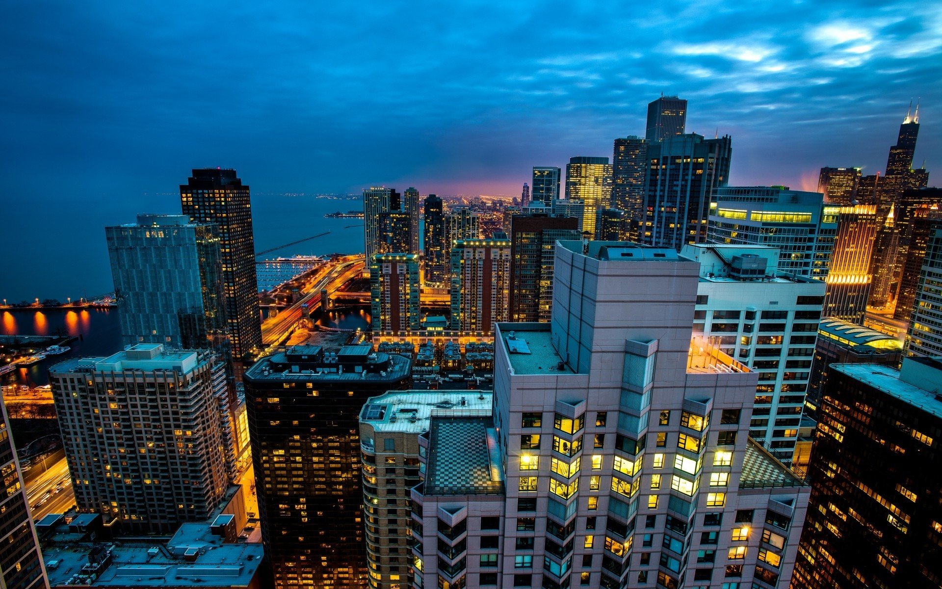 city, Building, Night, Skyscraper, Overcast, Lights, City lights Wallpaper