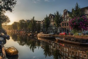Amsterdam, Netherlands, River, City, Boat, Trees, Reflection, Water, Building, Architecture