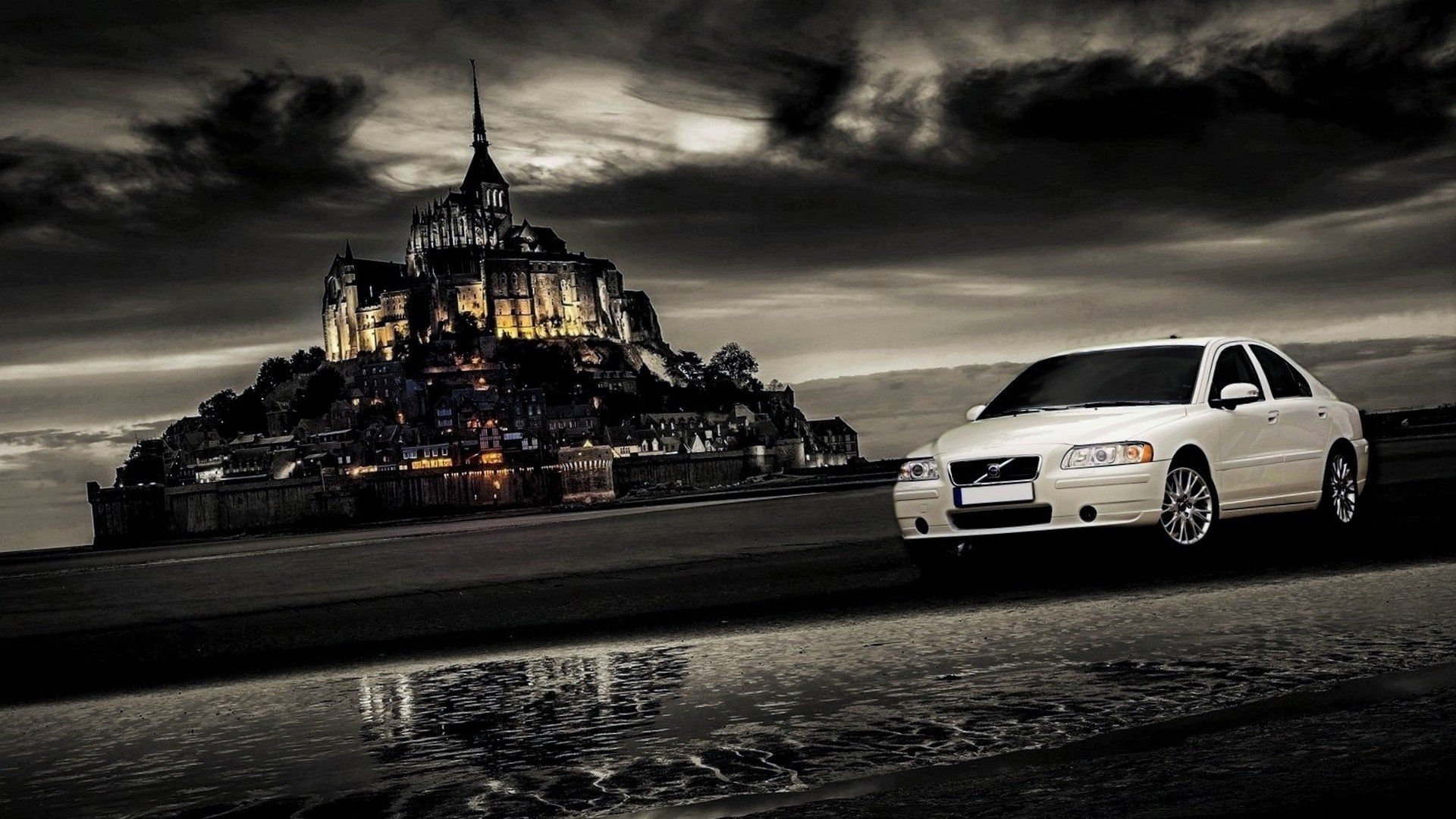 Volvo, Mont Saint Michel, White cars Wallpaper