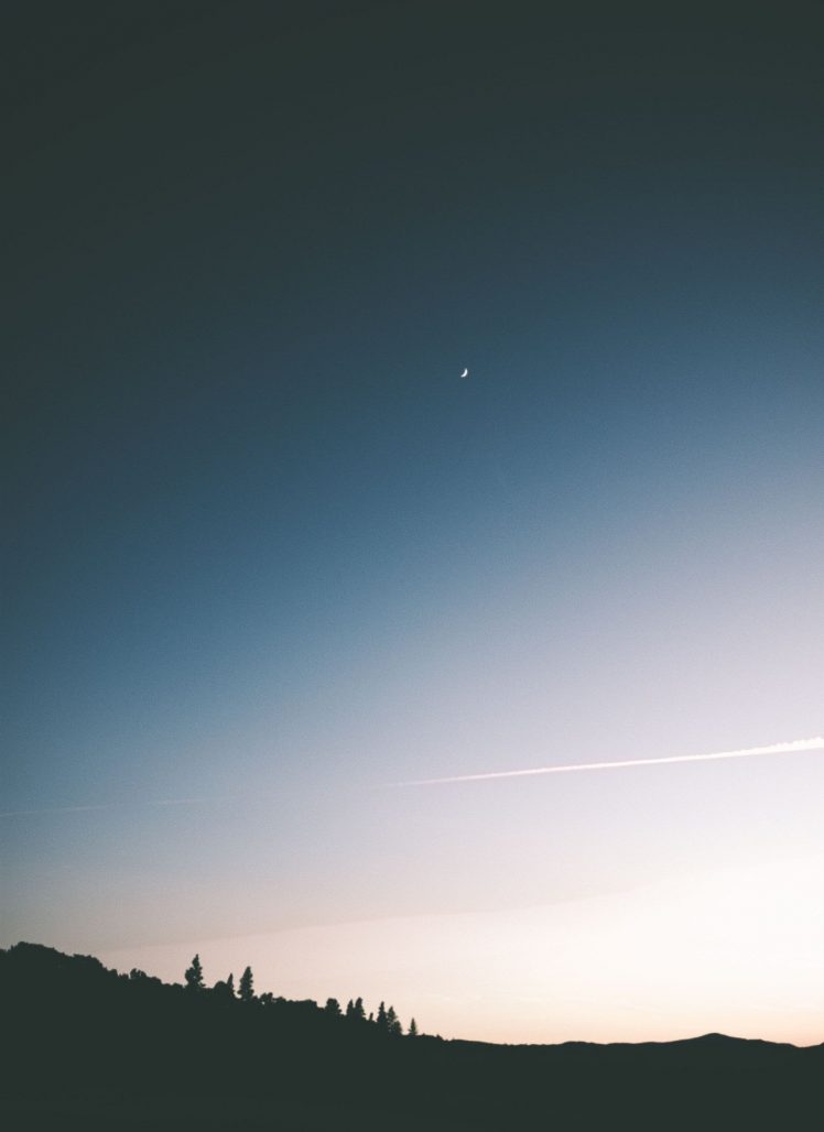 dusk, Horizon, Mountains, Trees, Moon, Shooting stars HD Wallpaper Desktop Background