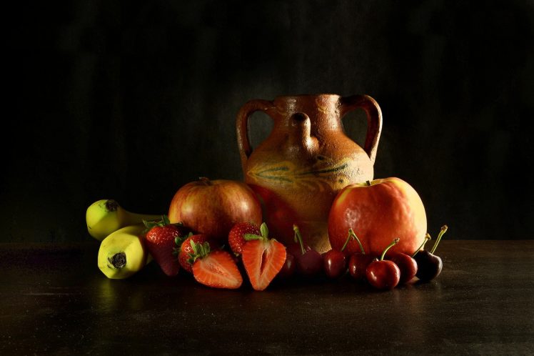 photography, Food, Apples, Cherries, Strawberries, Bananas, Mugs HD Wallpaper Desktop Background