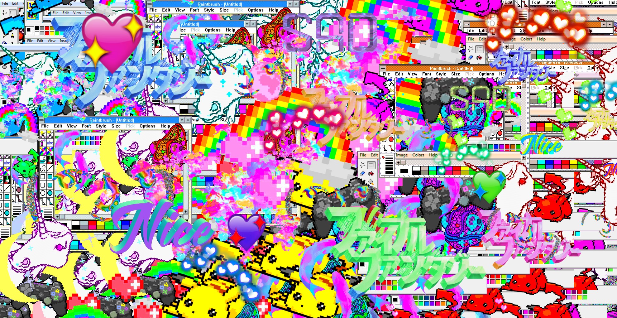 heart, LSD, Pikachu, Unicorns, Rainbows, Kanji, Chinese characters Wallpaper