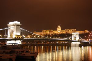 Chain Bridge, Budapest, Hungary, Night, River, Ship, Reflection