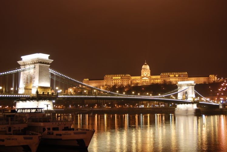 Chain Bridge, Budapest, Hungary, Night, River, Ship, Reflection HD Wallpaper Desktop Background