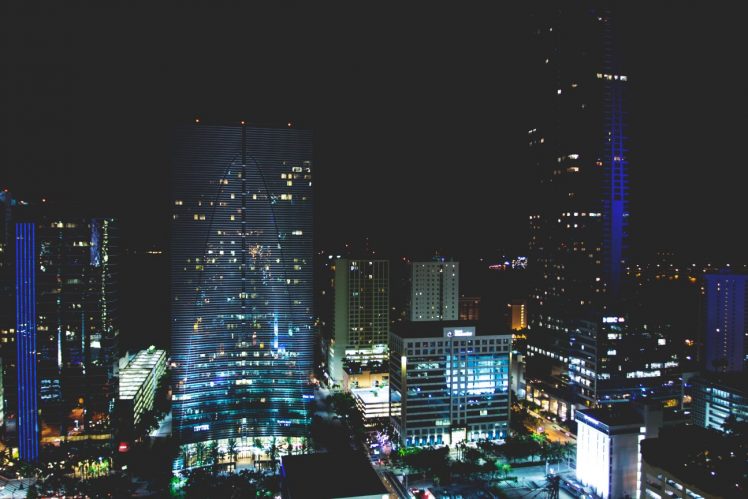 cityscape, Night, Skyscraper, Lights, Miami, USA, Skyline, Architecture HD Wallpaper Desktop Background