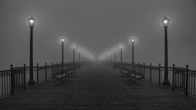 street, Street light, Mist, Brouillard, Monochrome, Lantern HD Wallpaper Desktop Background