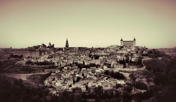 Toledo, City, Spain, Duotone photograph, Cityscape HD Wallpaper Desktop Background
