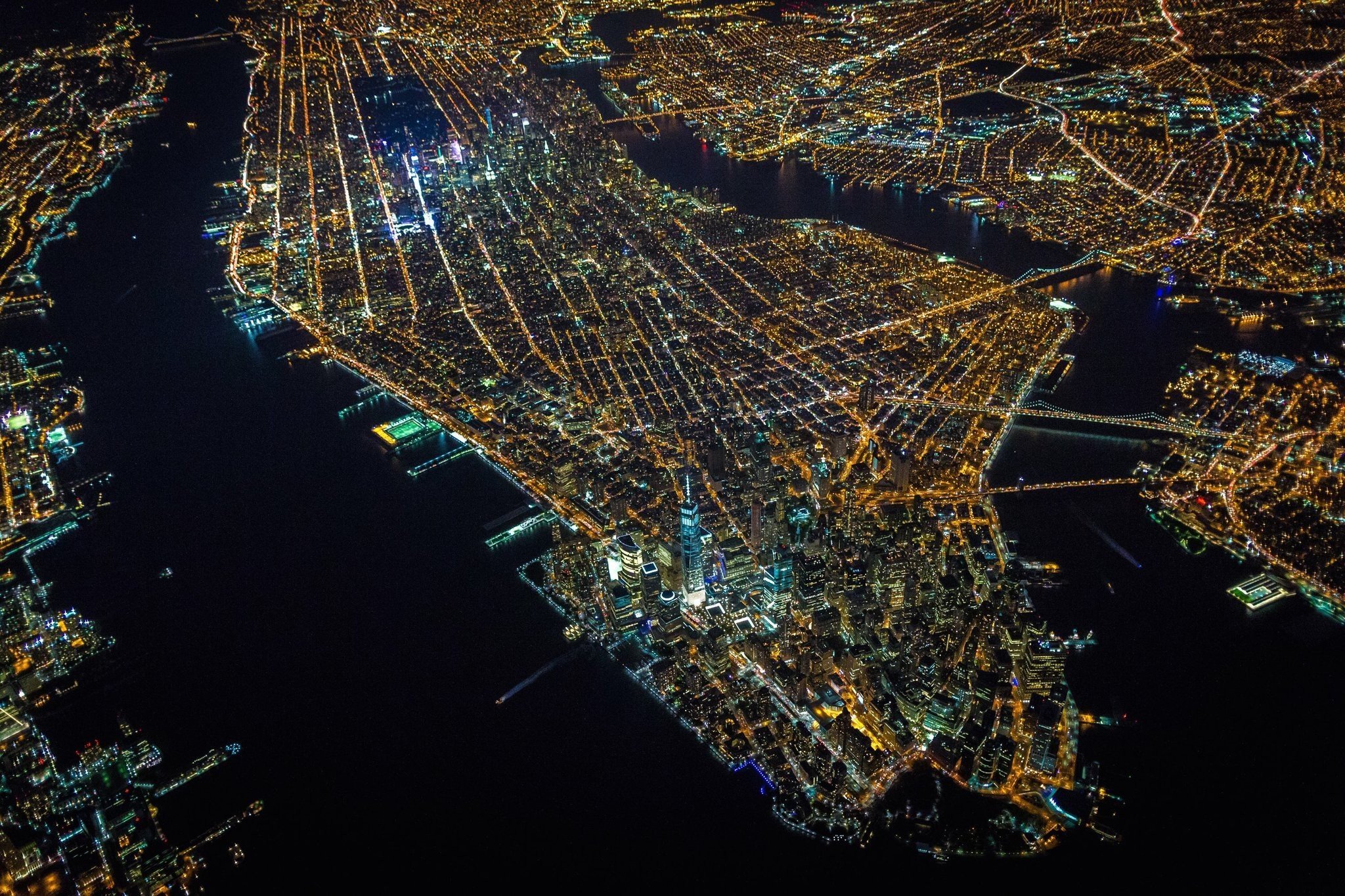 city, Aerial view, New York City, Manhattan, City lights Wallpaper