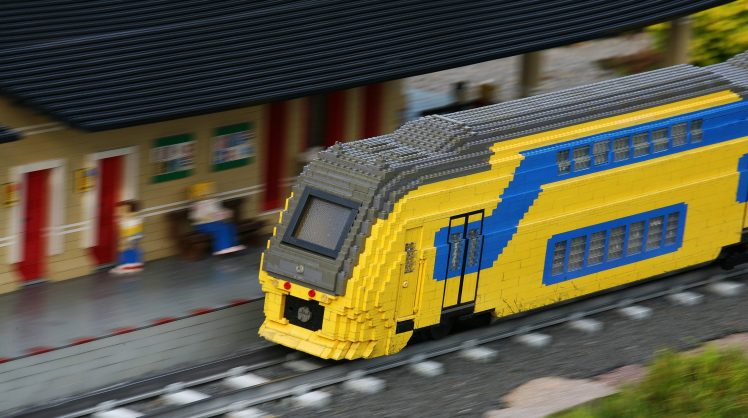 LEGO, Toys, Bricks, Train, Diesel locomotive, Train station, Railway, Railway station, Blurred, Motion blur HD Wallpaper Desktop Background