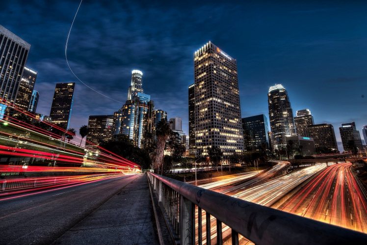 Los Angeles, Street, Metropolis, Skyscraper, Far view, Night, Long exposure, City, Highway, Bridge HD Wallpaper Desktop Background