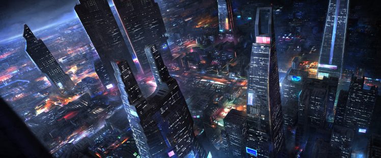 futuristic, Cityscape, Birds eye view, Night HD Wallpaper Desktop Background
