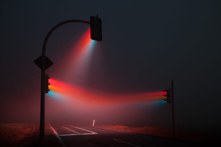 traffic lights, Night, Lights, Mist, Road HD Wallpaper Desktop Background