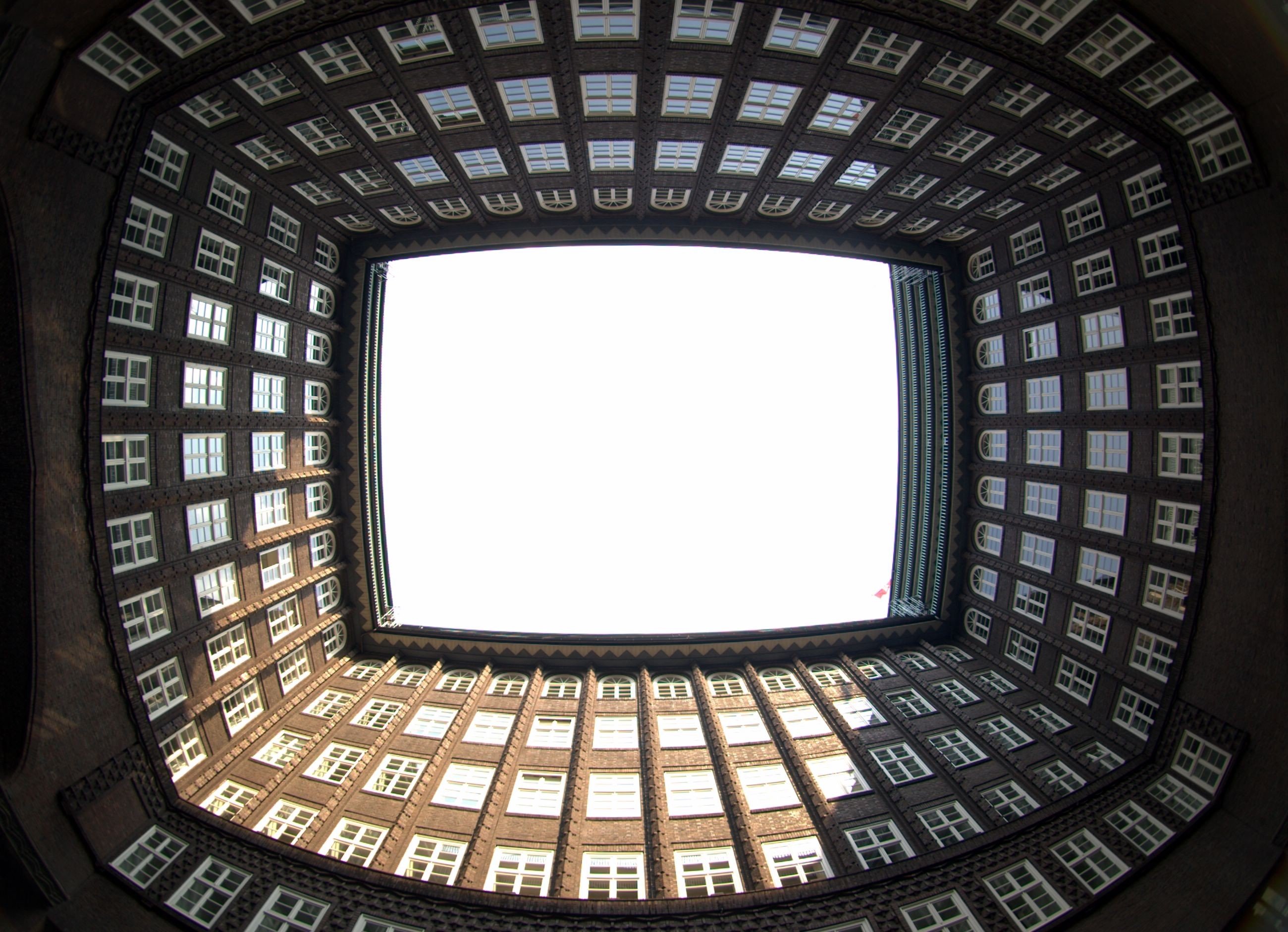 architecture, Building, Hamburg, Germany, Bricks, Window, Worms eye view, Fisheye lens, Sunlight Wallpaper